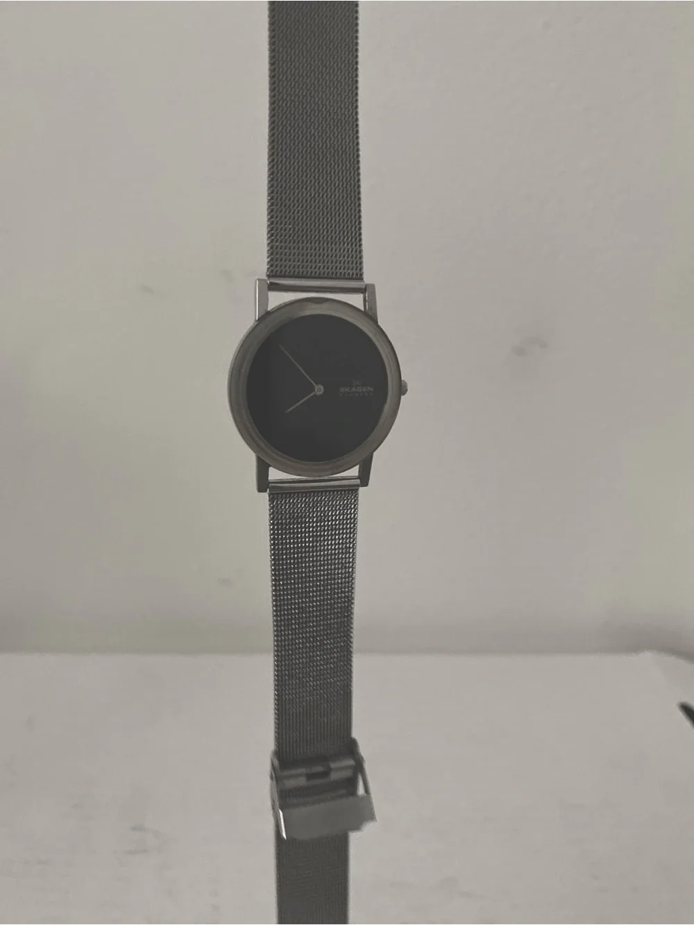 Skagen Modern Unisex Silver Mesh Watch with Black Dial.